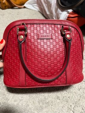 Gucci Red GG-Embossed Dome Satchel with Gold Hardware